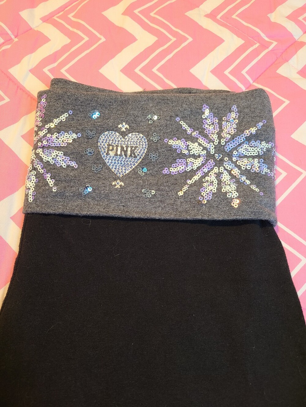 VTG VS PINK YOGA Bling Snowflake Foldover Cotton Leggings Size M - Picture 2 of 7